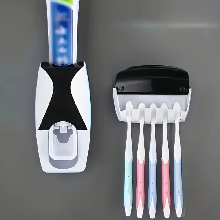 Dispenser With Tooth Brush Holder For Homes And Bathrooms &Best Quality Set of Toothpaste Dispenser & Brush Holder - Plastic Automatic Toothpaste
